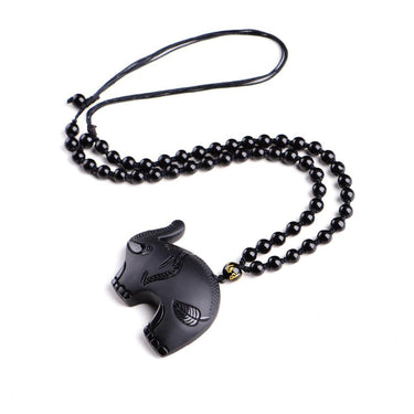 Good Luck Black Natural Obsidian Elephant Pendant